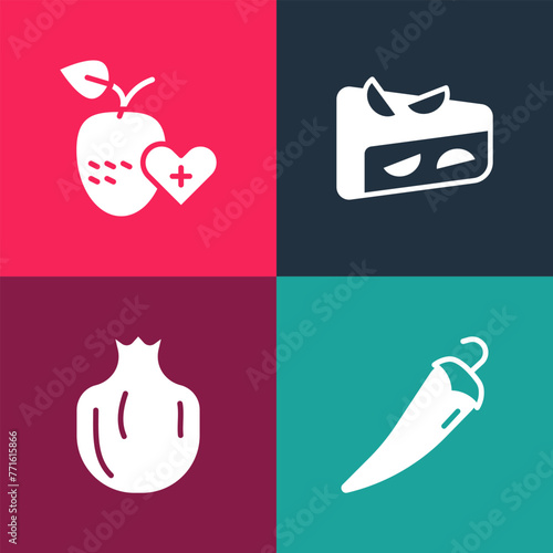 Set pop art Hot chili pepper, Pomegranate, Homemade fruit pie and Healthy icon. Vector