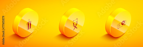 Set Isometric Paper glass with water, Director movie chair and Movie, film, media projector icon. Vector
