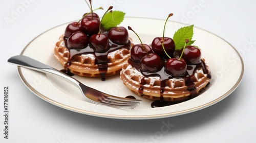 Two delicious Viennese waffles topping with ripe cherry and mint leaves and a fork on white plate, isolated on white, close-up.