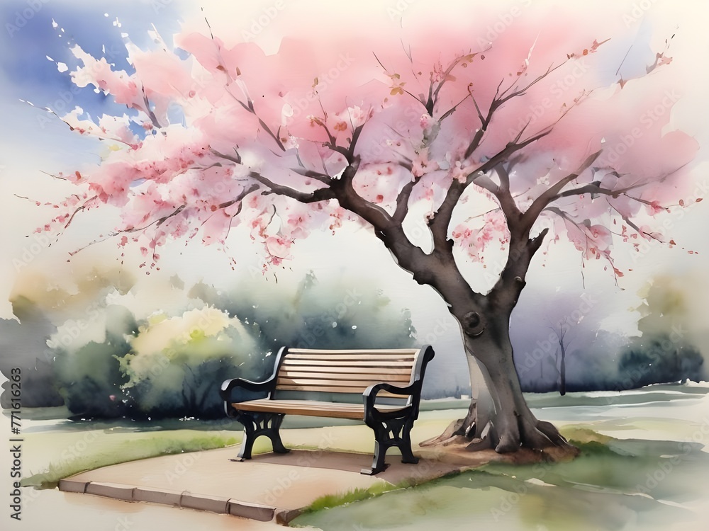 cherry blossom tree and bench, watercolor	