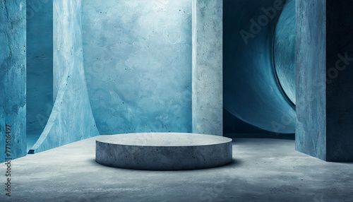 Geometric room with round podium for product presentation. Blue concrete walls. Futuristic architecture