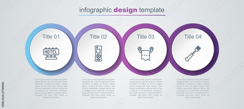 Set line Signboard with text Hotel, Remote control, Toilet paper roll and Fork. Business infographic template. Vector Set line Signboard with text Hotel, Remote control, Toilet paper roll and Fork. Business infographic template. Vector