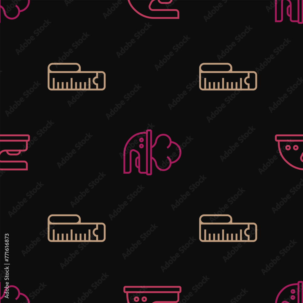 Set line Electric iron, Tape measure and on seamless pattern. Vector