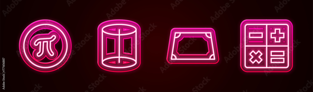 Set line Pi symbol, Geometric figure, Acute trapezoid shape and Calculator. Glowing neon icon. Vector Set line Pi symbol, Geometric figure, Acute trapezoid shape and Calculator. Glowing neon icon. Vector