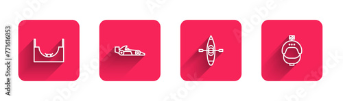 Set line Skate park, Formula 1 racing car, Kayak canoe and Helmet and action camera with long shadow. Red square button. Vector