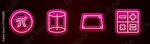 Set line Pi symbol, Geometric figure, Acute trapezoid shape and Calculator. Glowing neon icon. Vector