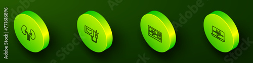 Set Isometric line Human kidneys, Ultrasound, Monitor with cardiogram and Laptop icon. Vector