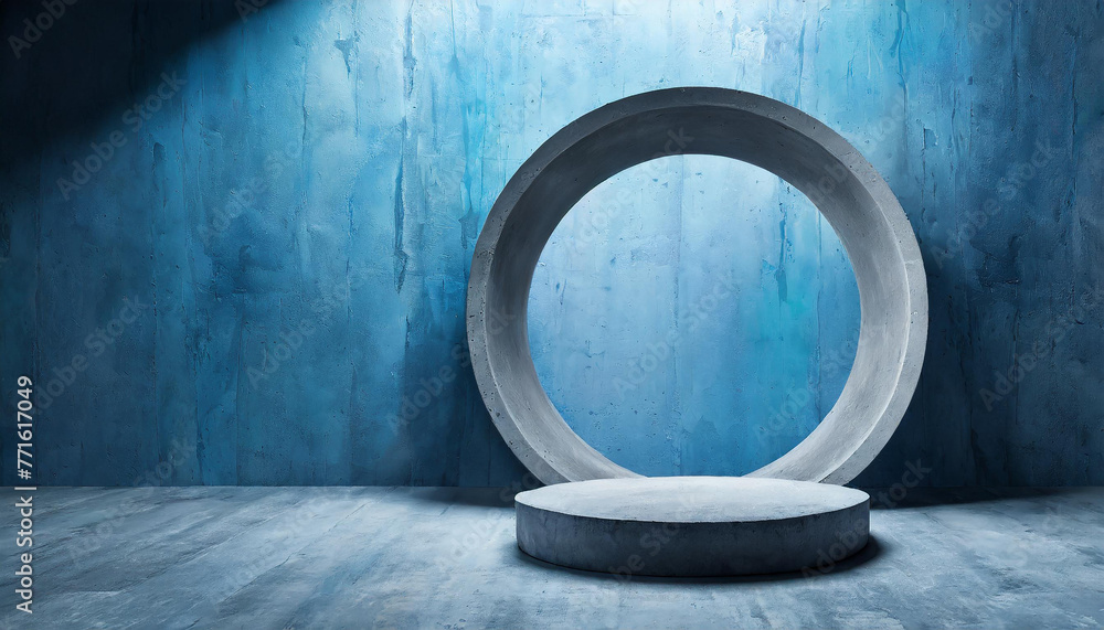 Geometric room with round podium for product presentation. Blue concrete walls. Futuristic architecture Geometric room with round podium for product presentation. Blue concrete walls. Futuristic architecture