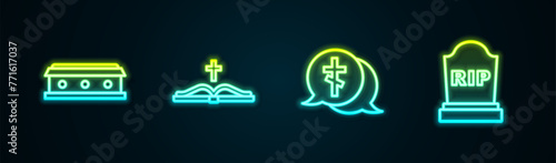 Set line Coffin with cross, Holy bible book, Grave and Tombstone RIP written. Glowing neon icon. Vector