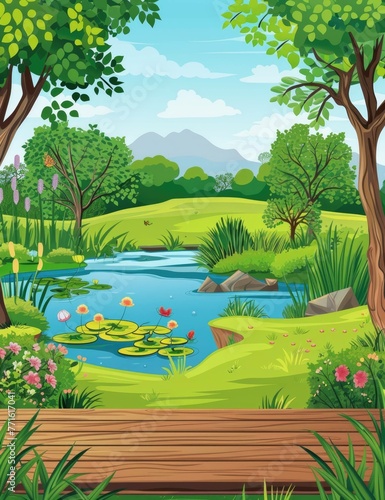 Serene Garden Pond and Lush Floral Vegetation Viewed from Wooden Deck