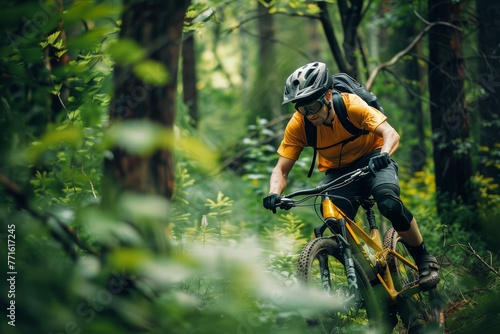 Adventurous Man Practicing Extreme Mountain Biking in Dense Forest, Action Sports Photography Capturing Thrill and Adrenaline photo