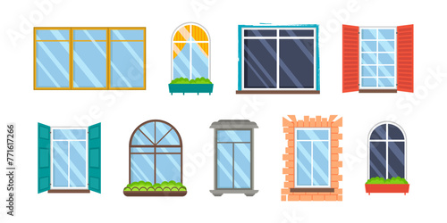 Set of realistic glass transparent plastic windows with window sills. Vector collection of various types of white windows for interior and exterior use in flat style. Architectural design building.