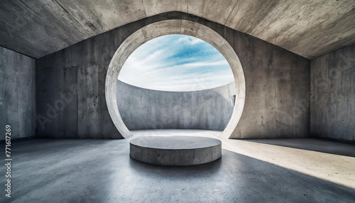 Geometric room with round podium for product presentation. Gray concrete walls. Futuristic architecture