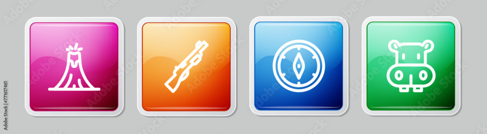 Set line Volcano eruption, Hunting gun, Compass and Hippo or Hippopotamus. Colorful square button. Vector Set line Volcano eruption, Hunting gun, Compass and Hippo or Hippopotamus. Colorful square button. Vector