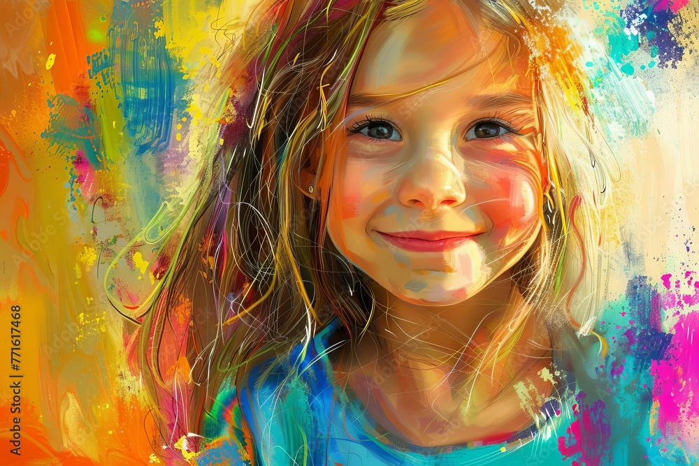 Adorable little girl portrait with vibrant colors, digital painting