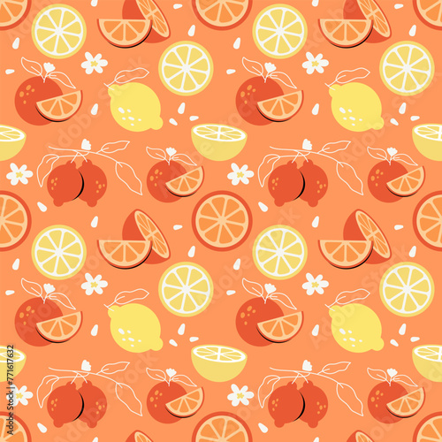 Fototapeta Naklejka Na Ścianę i Meble -  Oranges, lemons vector seamless pattern on a light background