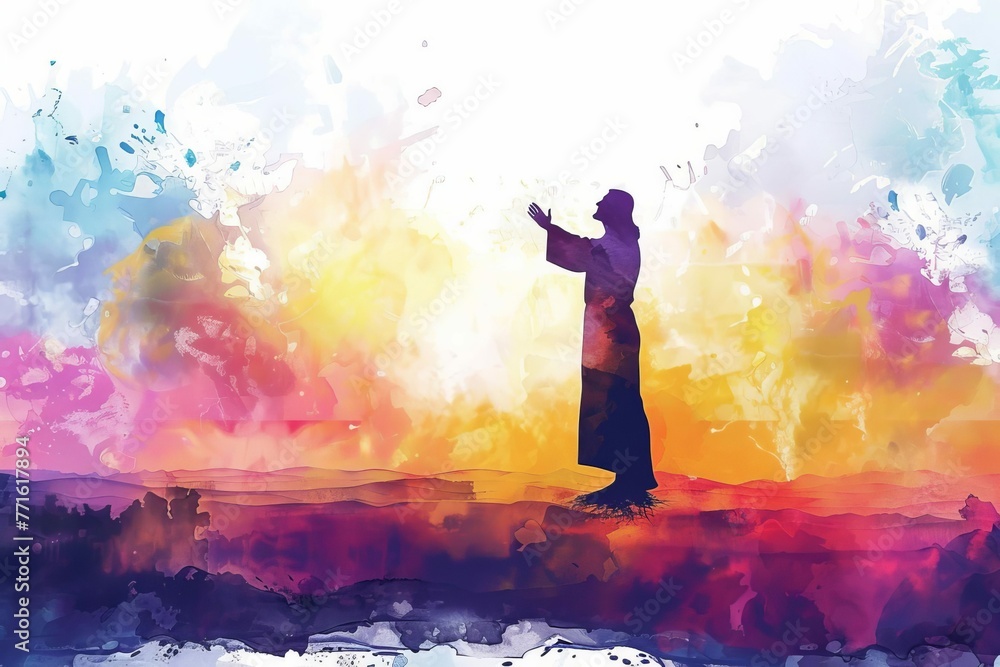 Abstract watercolor background with silhouette of Jesus Christ worshipping, spiritual and religious digital painting - obrazy, fototapety, plakaty 