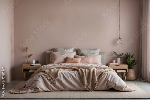 bedroom interior decoration. Wall mockup in pastel colors with linen bed, empty wall background