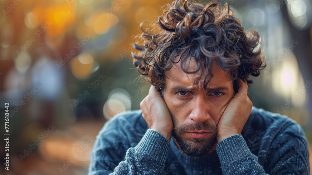 Fototapeta premium Portrait of a distressed man with curly hair, resting his head on hands, with a blurred autumn background.