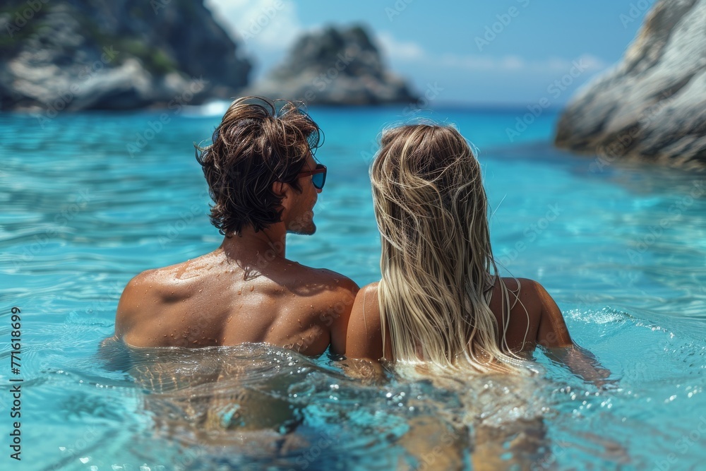 A couple from behind, closely embracing each other while submerged in a clear blue ocean with rocky outcrops