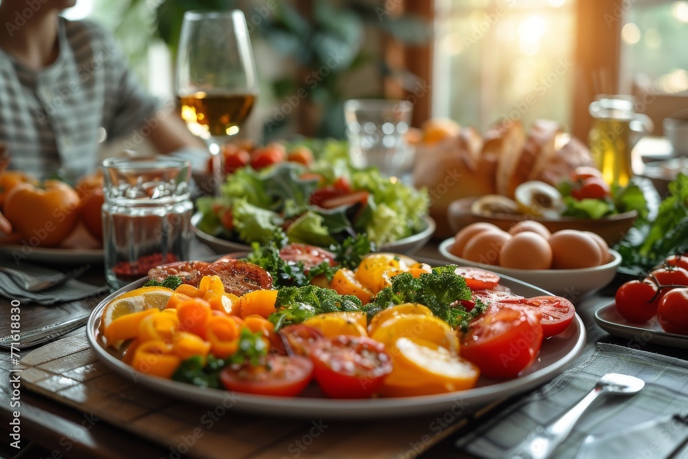A mouthwatering spread of fresh vegetables, eggs, and bread on a dining table, conveying a sense of home cooking and togetherness A mouthwatering spread of fresh vegetables, eggs, and bread on a dining table, conveying a sense of home cooking and togetherness