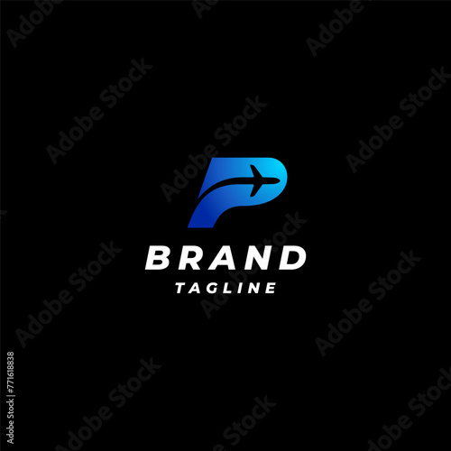 Airplane Flying Inside Letter P Logo Design. Initial Letter P With Silhouette of an Airplane Inside Logo Design.