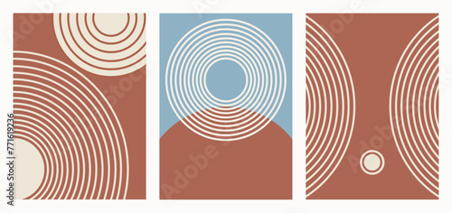 Minimalist abstract posters set. Minimalist art work with abstract geometric shapes. Simple figures in clay red colour.