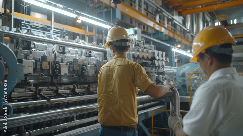 Engineers and factory managers wearing safety helmet inspect the machines in the production. inspector opened the machine to test the system to meet the standard. machine, maintenance Engineers and factory managers wearing safety helmet inspect the machines in the production. inspector opened the machine to test the system to meet the standard. machine, maintenance