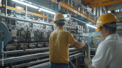Engineers and factory managers wearing safety helmet inspect the machines in the production. inspector opened the machine to test the system to meet the standard. machine, maintenance