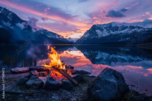 Twilight Serenity: Campfire by Snow-Capped Mountains in Majestic Mountain Lake Landscape, generative ai photo