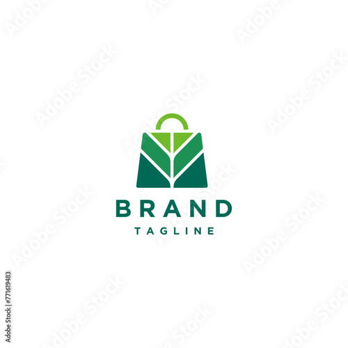 Natural Green Shopping Bag Logo Design. Shopping Bag with Leaf Motif Logo Design. © ilunilun