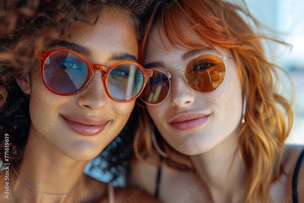 Close-up of two smiling young friends with curly hair wearing colorful sunglasses on a sunny day Close-up of two smiling young friends with curly hair wearing colorful sunglasses on a sunny day