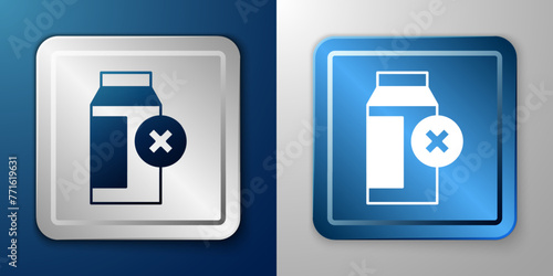 White Lactose intolerance icon isolated on blue and grey background. Not allow milk. Allergy concept, lactose intolerance allergy warning sign. Silver and blue square button. Vector