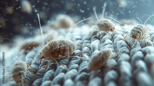 Macro shot of dust mites on a pillow, detailed against a blurred bedroom setting photo