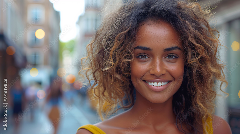 Fototapeta premium Portrait of a smiling young woman with curly hair on a city street, representing urban lifestyle and happiness.