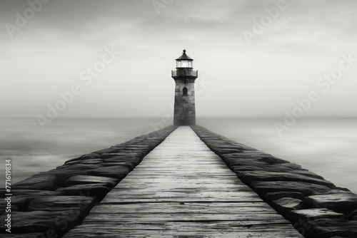 A lighthouse stands tall and steady amidst the swirling fog, casting its guiding light across the lonely sea.The concept of loneliness and hope is depicted through this striking image.