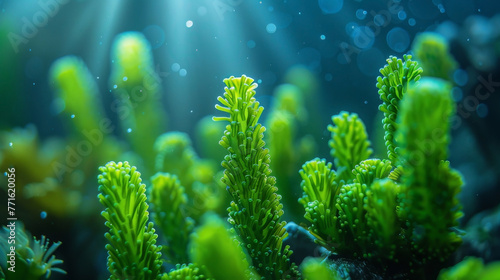 Nutrient-rich algae in water, with a blurred aquatic background,