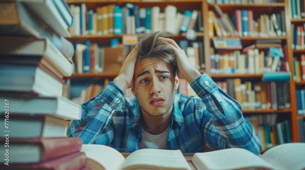 student man have anxiety because of exams, male prepare for test and learning lessons in the library. stress, despair, haste, misunderstanding reading, discouraged, expectation, knowledge, tired student man have anxiety because of exams, male prepare for test and learning lessons in the library. stress, despair, haste, misunderstanding reading, discouraged, expectation, knowledge, tired