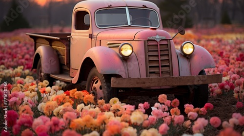 a truck decorated with colorful tulip flowers, driving through a snowy countryside as the sun sets, marking the transition from winter to spring #771620266