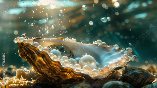 Pearl oysters on a soft-focus underwater bed, hidden treasures, photo