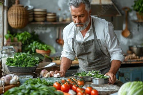 Focused image of a mature chef sorting through various vegetables and herbs, embodying culinary passion