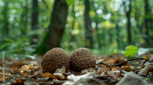 Rare truffles nestled in a blurred forest underbrush, hidden treasures photo