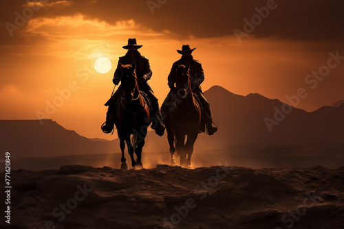 silhouettes of cowboys with horses, sunset background