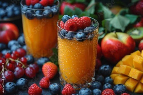 Two glasses of sparkling orange beverages topped with fresh berries amidst vibrant cherries and mangoes