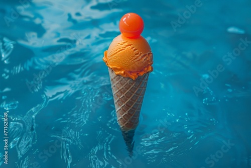 A bright orange ice cream cone is seen floating in a shimmering blue pool of water