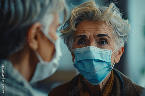 Close up serious doctor wearing medical face mask consulting mature woman patient at appointment in office, physician explaining treatment, giving recommendations, elderly generation healthcare