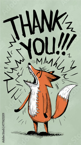 Humorous Fox Thank You Artwork. Funny cartoon meme prank hand drawing for print, web and gift cards.