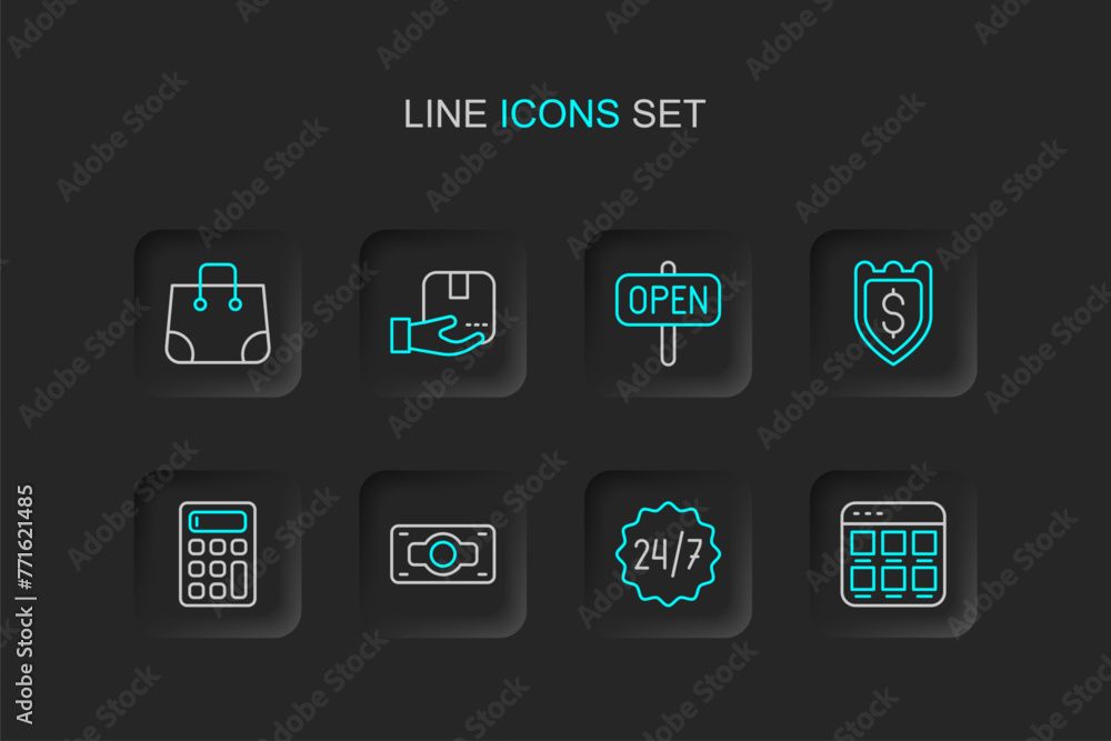 Set line Online shopping on screen, Clock 24 hours, Stacks paper money cash, Calculator, Shield with dollar, Hanging sign text Open, Delivery hand box and Paper bag icon. Vector Set line Online shopping on screen, Clock 24 hours, Stacks paper money cash, Calculator, Shield with dollar, Hanging sign text Open, Delivery hand box and Paper bag icon. Vector