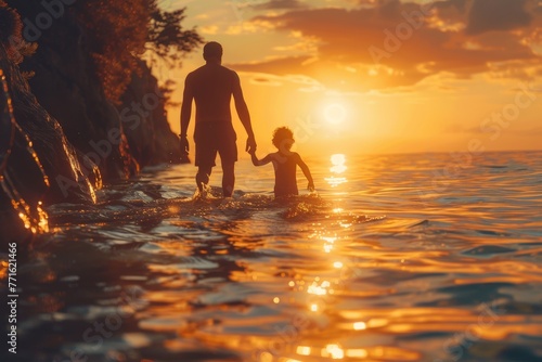 A heartwarming scene of a father leading a child by hand in the sea during golden hour, symbolizing guidance