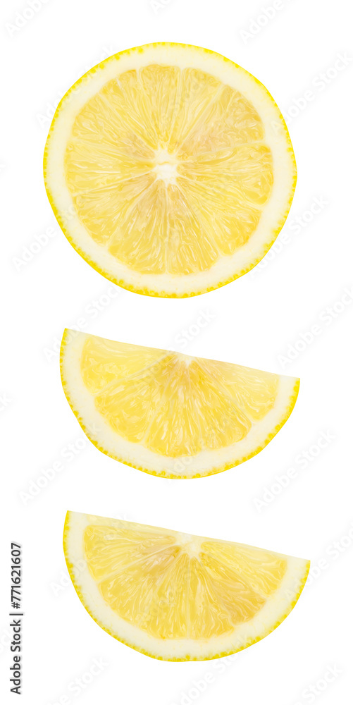 Top view set of yellow lemon half and slice or quarter isolated on white background with clipping path Top view set of yellow lemon half and slice or quarter isolated on white background with clipping path